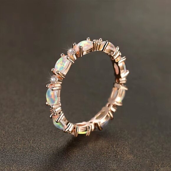 NEW 18k Rose Gold Opal Ring Band Dainty Eternity Ring Band - Picture 4 of 6